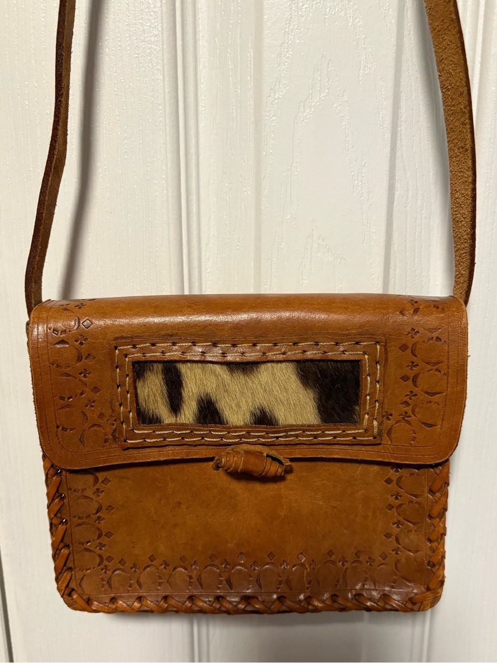 Vintage Caramel Leather Crossbody with Haircalf Inset - 7 1/2” x 6” x 2”